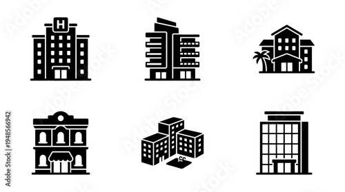 collection of hotel building, 6 filled black minimal icon vector set , white background , PNG and SVG isolate