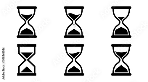 collection of hourglass, 6 filled black minimal icon vector set , white background , PNG and SVG isolate
