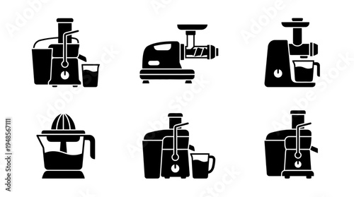 collection of juicer machine, 6 filled black minimal icon vector set , white background , PNG and SVG isolate