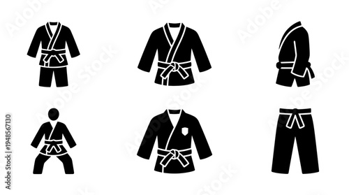 collection of karate uniform, 6 filled black minimal icon vector set , white background , PNG and SVG isolate