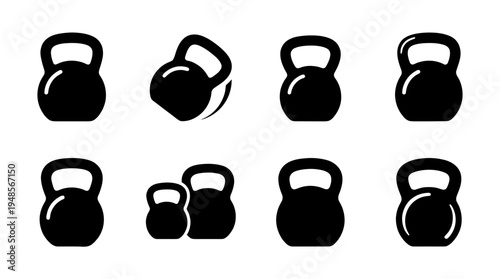collection of kettlebell, 6 filled black minimal icon vector set , white background , PNG and SVG isolate