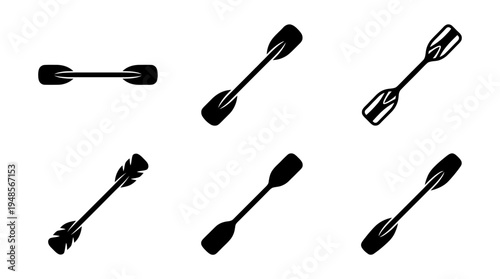 collection of kayak paddle, 6 filled black minimal icon vector set , white background , PNG and SVG isolate
