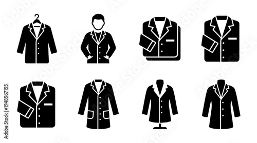 collection of lab coat, 6 filled black minimal icon vector set , white background , PNG and SVG isolate