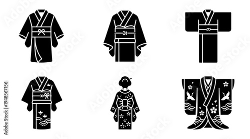 collection of kimono, 6 filled black minimal icon vector set , white background , PNG and SVG isolate