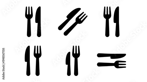 collection of knife and fork, 6 filled black minimal icon vector set , white background , PNG and SVG isolate