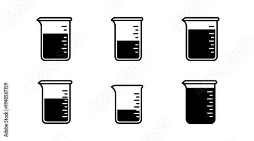 collection of laboratory beaker, 6 filled black minimal icon vector set , white background , PNG and SVG isolate