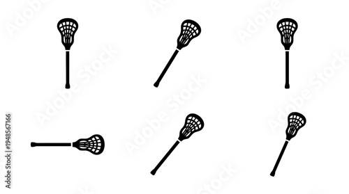 collection of lacrosse stick, 6 filled black minimal icon vector set , white background , PNG and SVG isolate