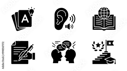 collection of language learning, 6 filled black minimal icon vector set , white background , PNG and SVG isolate