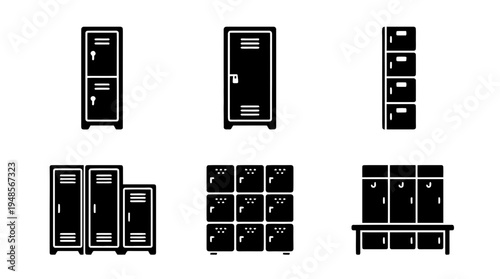 collection of locker, 6 filled black minimal icon vector set , white background , PNG and SVG isolate