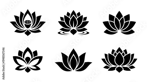collection of lotus flower, 6 filled black minimal icon vector set , white background , PNG and SVG isolate