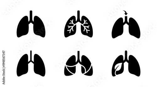collection of lungs, 6 filled black minimal icon vector set , white background , PNG and SVG isolate