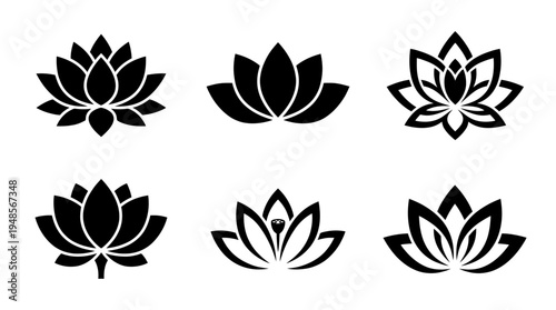 collection of lotus, 6 filled black minimal icon vector set , white background , PNG and SVG isolate