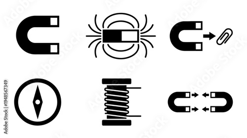 collection of magnet, 6 filled black minimal icon vector set , white background , PNG and SVG isolate