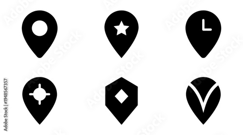 collection of map pin, 6 filled black minimal icon vector set , white background , PNG and SVG isolate