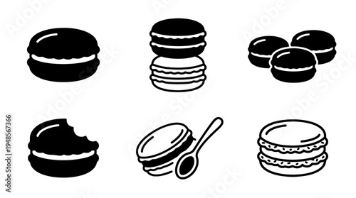collection of macaron, 6 filled black minimal icon vector set , white background , PNG and SVG isolate