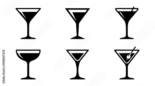 collection of martini glass, 6 filled black minimal icon vector set , white background , PNG and SVG isolate