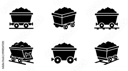 collection of mining cart, 6 filled black minimal icon vector set , white background , PNG and SVG isolate