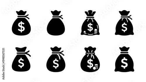 collection of money bag, 6 filled black minimal icon vector set , white background , PNG and SVG isolate