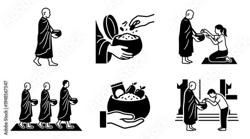 collection of monk alms round, 6 filled black minimal icon vector set , white background , PNG and SVG isolate