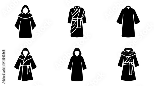 collection of monk robe, 6 filled black minimal icon vector set , white background , PNG and SVG isolate