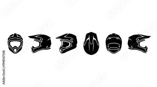 collection of motocross helmet, 6 filled black minimal icon vector set , white background , PNG and SVG isolate