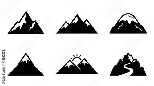 collection of mountain, 6 filled black minimal icon vector set , white background , PNG and SVG isolate