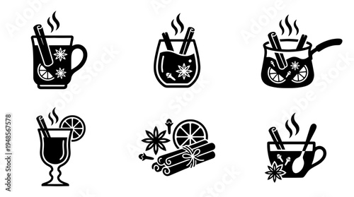 collection of mulled wine, 6 filled black minimal icon vector set , white background , PNG and SVG isolate
