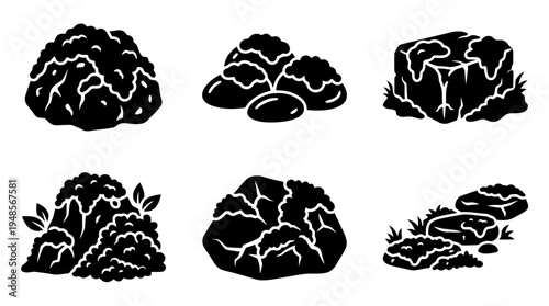 collection of moss stone, 6 filled black minimal icon vector set , white background , PNG and SVG isolate