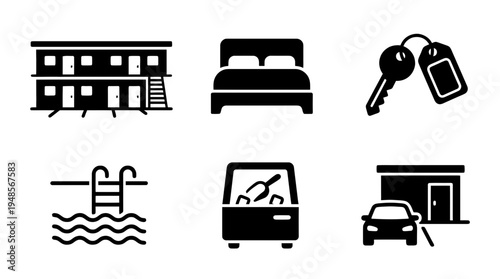 collection of motel, 6 filled black minimal icon vector set , white background , PNG and SVG isolate