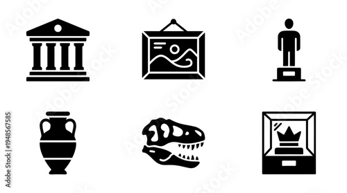 collection of museum, 6 filled black minimal icon vector set , white background , PNG and SVG isolate