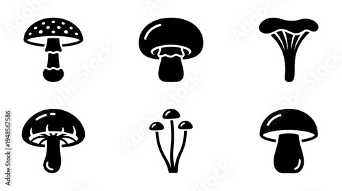 collection of mushroom, 6 filled black minimal icon vector set , white background , PNG and SVG isolate