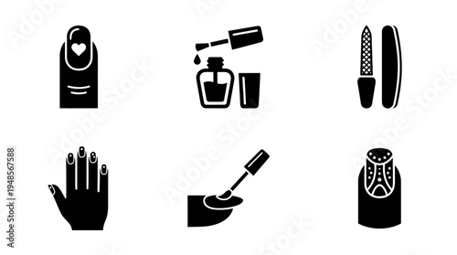 collection of nail art, 6 filled black minimal icon vector set , white background , PNG and SVG isolate