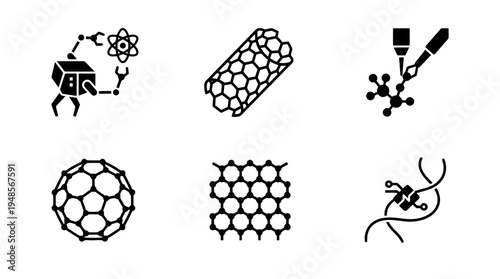 collection of nanotechnology, 6 filled black minimal icon vector set , white background , PNG and SVG isolate