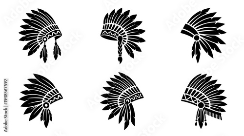 collection of native american headdress, 6 filled black minimal icon vector set , white background , PNG and SVG isolate