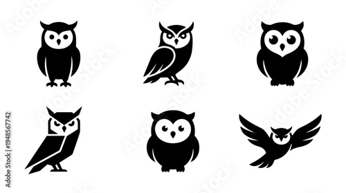 collection of owl, 6 filled black minimal icon vector set , white background , PNG and SVG isolate