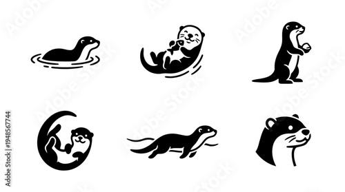 collection of otter, 6 filled black minimal icon vector set , white background , PNG and SVG isolate