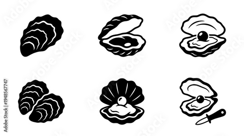 collection of oyster, 6 filled black minimal icon vector set , white background , PNG and SVG isolate