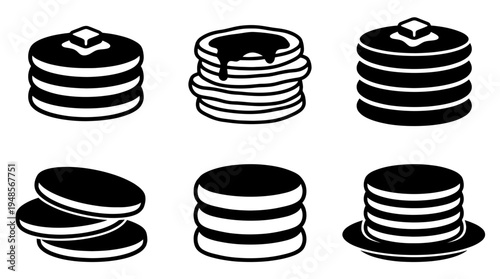 collection of pancake stack, 6 filled black minimal icon vector set , white background , PNG and SVG isolate