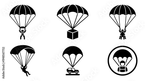 collection of parachute, 6 filled black minimal icon vector set , white background , PNG and SVG isolate