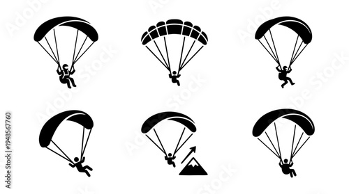 collection of paragliding, 6 filled black minimal icon vector set , white background , PNG and SVG isolate