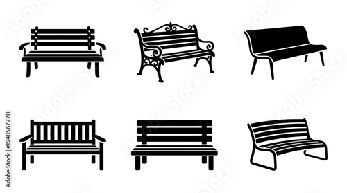 collection of park bench, 6 filled black minimal icon vector set , white background , PNG and SVG isolate