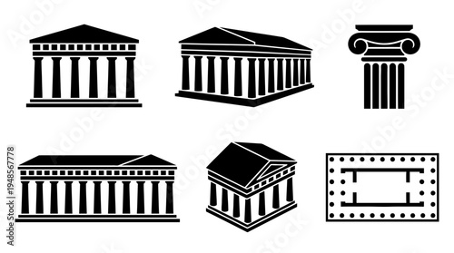 collection of parthenon, 6 filled black minimal icon vector set , white background , PNG and SVG isolate