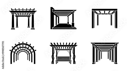 collection of pergola, 6 filled black minimal icon vector set , white background , PNG and SVG isolate