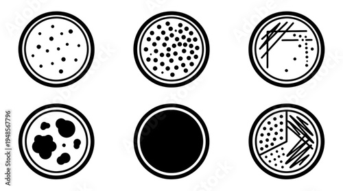 collection of petri dish, 6 filled black minimal icon vector set , white background , PNG and SVG isolate