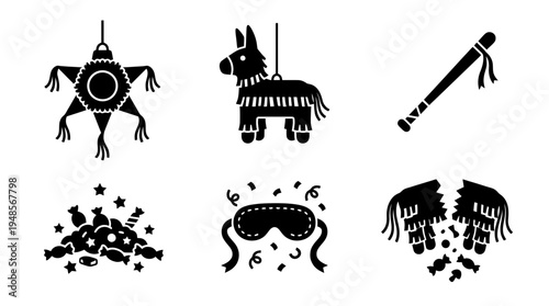 collection of piata, 6 filled black minimal icon vector set , white background , PNG and SVG isolate