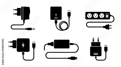 collection of power adapter, 6 filled black minimal icon vector set , white background , PNG and SVG isolate