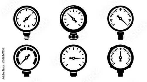 collection of pressure gauge, 6 filled black minimal icon vector set , white background , PNG and SVG isolate
