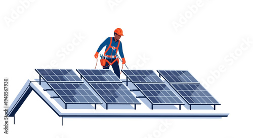 Solar Panel Installation on Rooftop with Professional Technician Vector Illustration