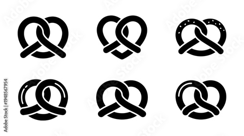 collection of pretzel, 6 filled black minimal icon vector set , white background , PNG and SVG isolate