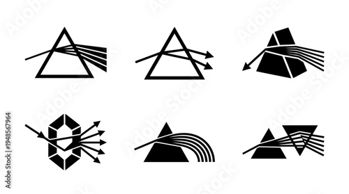 collection of prism light, 6 filled black minimal icon vector set , white background , PNG and SVG isolate